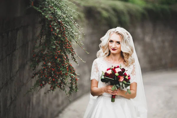 Hermosa novia joven de lujo en vestido de novia posando en el parque — Foto de Stock