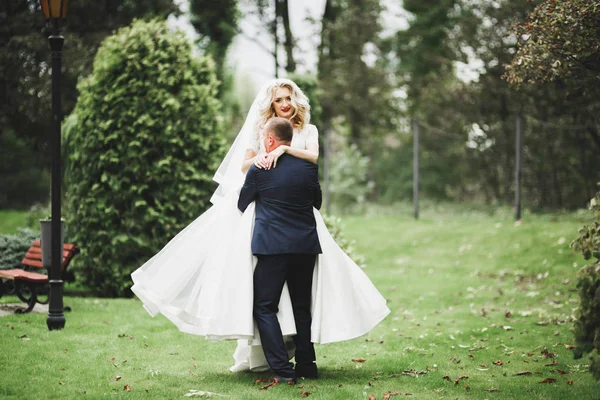 Romántico, cuento de hadas, feliz pareja recién casada abrazándose y besándose en un parque, árboles en el fondo —  Fotos de Stock