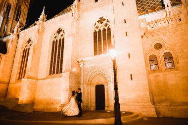 Harika bir tarihi binanın yakınında mükemmel bir elbiseyle dönen güzel bir gelin.