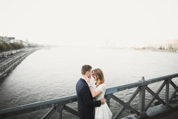 Jovem belo par elegante de recém-casados em uma ponte — Fotografia de Stock