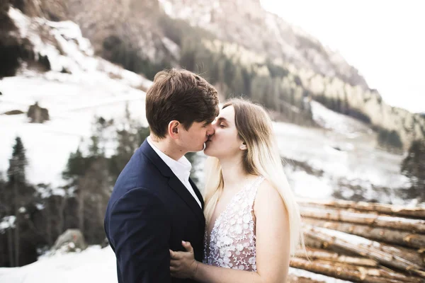 Besos boda pareja estancia sobre hermoso paisaje —  Fotos de Stock