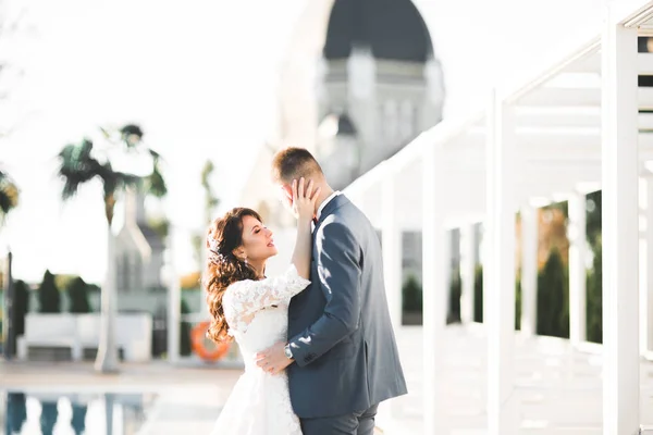 Bella coppia di nozze felice, sposa con abito lungo bianco — Foto Stock