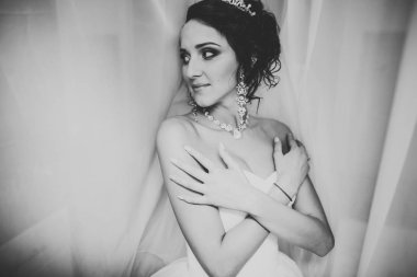 Tüylü, lüks makyaj, saç stili, stüdyo içi fotoğraf çekimi olan güzel bir gelin.