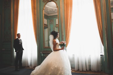 Mükemmel bir çift gelin ve damat düğün günlerinde poz verip öpüşürler.