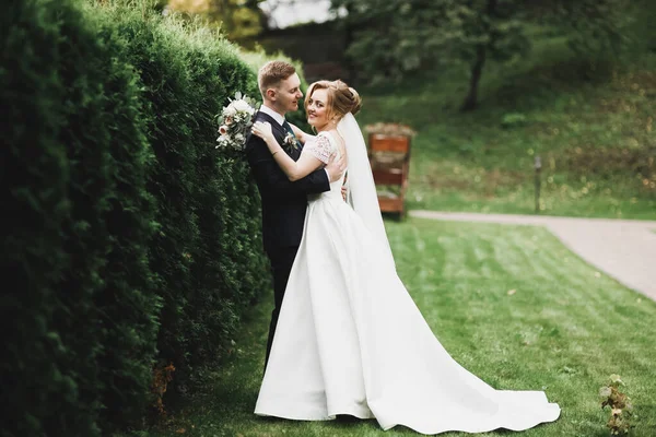 Casal feliz caminhando em um parque botânico — Fotografia de Stock