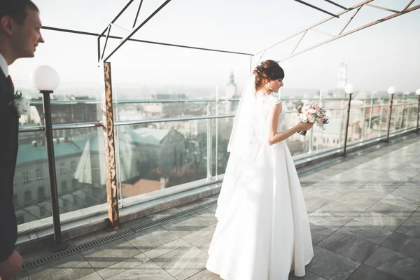 Élégant beau couple de mariage embrasser et étreindre sur fond vue panoramique sur la vieille ville — Photo