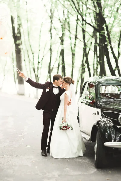 Pareja perfecta novia, novio posando y besándose en el día de su boda Imagen De Stock