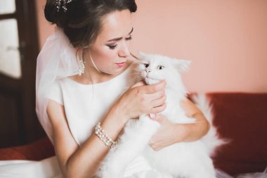 Tüylü, lüks makyaj, saç stili, stüdyo içi fotoğraf çekimi olan güzel bir gelin.