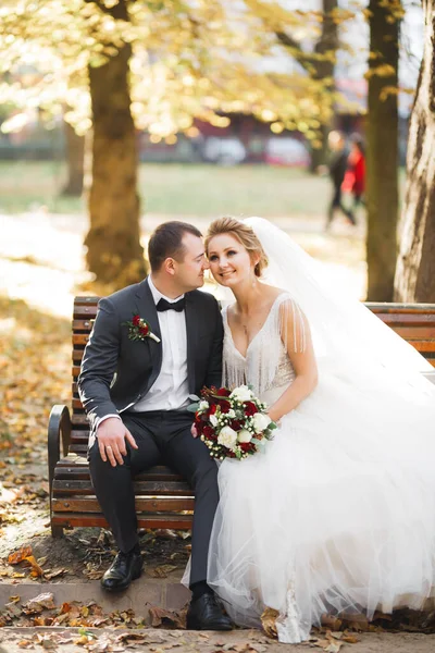 Romantiskt bröllop ögonblick, några nygifta leende porträtt, brud och brudgum kramar — Stockfoto