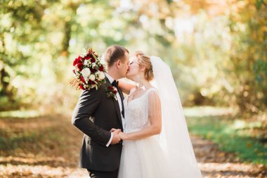 Romantik, peri masalı, mutlu yeni evli çift parkta sarılıp öpüşüyor, arka planda ağaçlar...