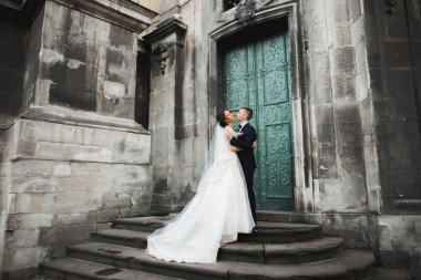 Lüks evli çift, gelin ve damat eski şehirde poz veriyor.