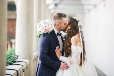 Güzel gelin ve damat düğün günlerinde kucaklaşıp öpüşürler.