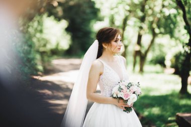 Mutlu düğün çift büyüleyici damat ve mükemmel gelin parkta poz