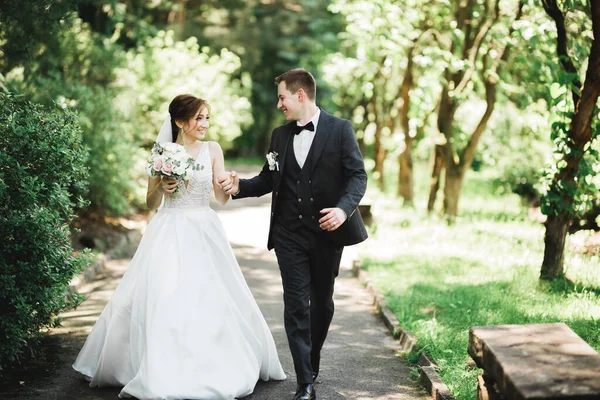 Happy wedding couple walking in a botanical park — Stock Photo, Image