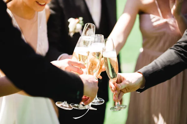 Festa con gli amici. Gruppo di giovani allegri che trasportano scintille e flauti di champagne — Foto Stock