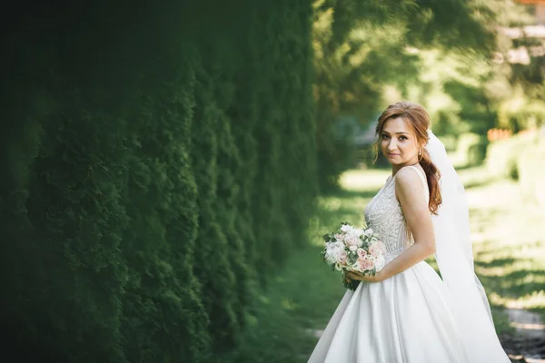 Hermosa novia joven de lujo en vestido de novia posando en el parque — Foto de Stock