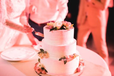 Gelin ve damat düğün pastasını kesiyor.