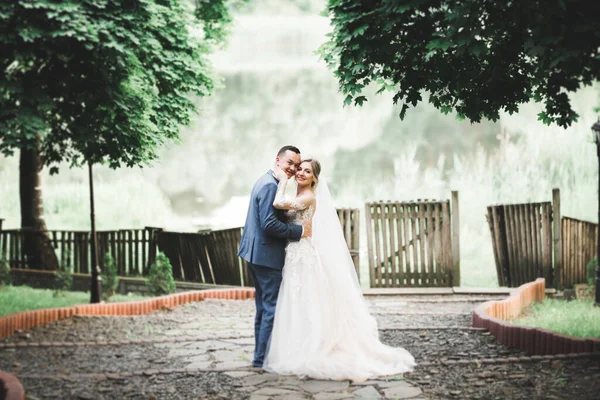 Casamento romântico momento, casal de recém-casados sorrindo retrato, noiva e noivo abraçando — Fotografia de Stock