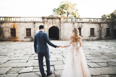 Düğün günü el ele tutuşan çift, damat ve gelin.