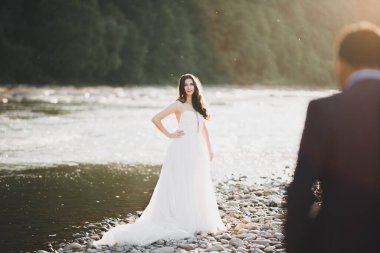 Zarif, şık, mutlu, sarışın gelin ve dağlardaki güzel bir nehrin arka planında harika bir damat.