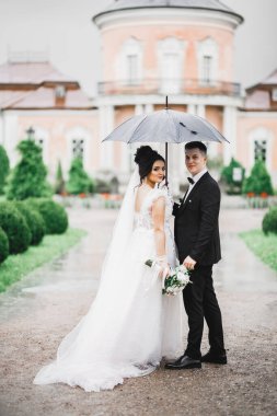 Güzel gelin ve damat evlendikleri gün kucaklaşıp öpüşüyorlar.