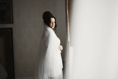 Tüylü, lüks makyaj, saç stili, stüdyo içi fotoğraf çekimi olan güzel bir gelin.