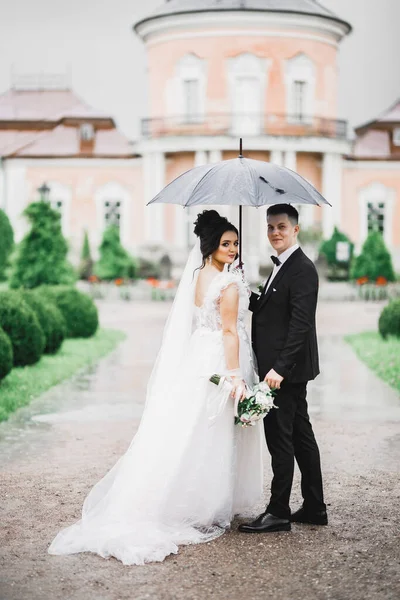 Güzel gelin ve damat evlendikleri gün kucaklaşıp öpüşüyorlar.