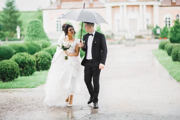 Pareja feliz boda caminando en un parque botánico —  Fotos de Stock