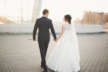 Gelin ve damat el ele tutuşuyor.