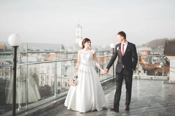 Élégant beau couple de mariage embrasser et étreindre sur fond vue panoramique sur la vieille ville — Photo