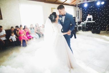 Güzel bir düğün çifti yeni evlendi ve ilk danslarını ediyorlar.