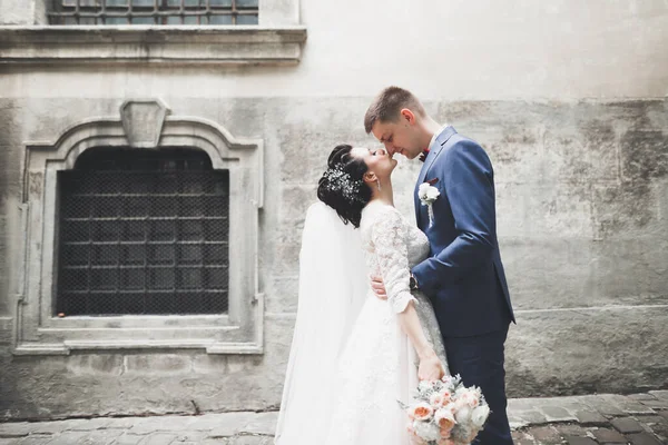 Casal feliz encantador do casamento, noiva com vestido branco longo posando na cidade bonita — Fotografia de Stock