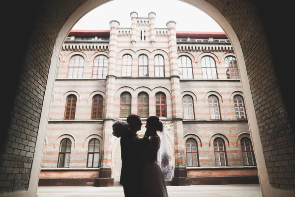 Luxusní manželský pár, nevěsta a ženich pózují ve starém městě — Stock fotografie