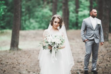 Güzel gelin ve damat düğün günlerinde kucaklaşıp öpüşürler.