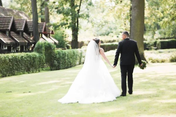 Casamento recém-casado casal correndo e pulando no parque, mantendo as mãos — Fotografia de Stock