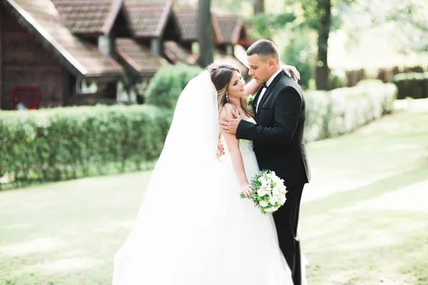 Pas getrouwd stel loopt en springt in het park terwijl ze elkaars hand vasthouden — Stockfoto