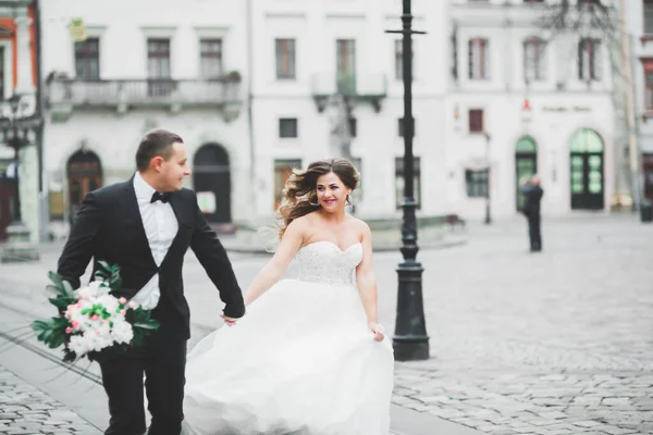 Perfektes Paar Braut, Bräutigam posiert und küsst sich am Hochzeitstag — Stockfoto