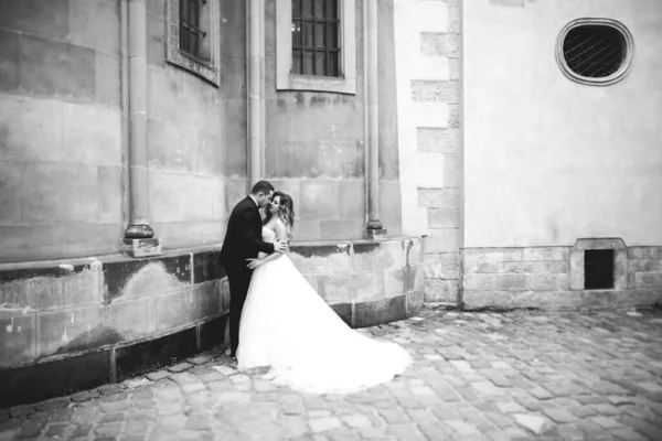 Pareja perfecta novia, novio posando y besándose en el día de su boda —  Fotos de Stock