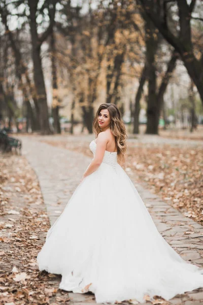 Schöne Braut posiert im Brautkleid im Freien — Stockfoto