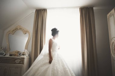 Cüppeli muhteşem gelin bir odada düğün töreni için poz veriyor ve hazırlanıyor.