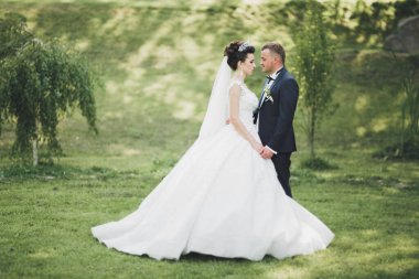 Mükemmel bir çift gelin ve damat düğün günlerinde poz verip öpüşürler.