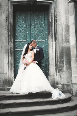 Güzel gelin ve damat düğün günlerinde kucaklaşıp öpüşürler.