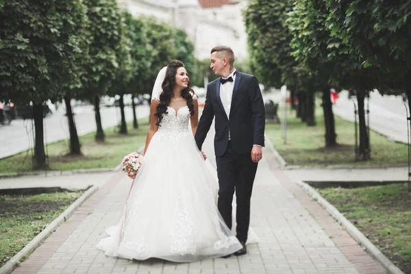 Caucásico feliz pareja romántica joven celebrando su matrimonio. Exterior — Foto de Stock