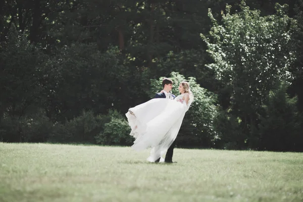 Romántico, cuento de hadas, feliz pareja recién casada abrazándose y besándose en un parque, árboles en el fondo —  Fotos de Stock