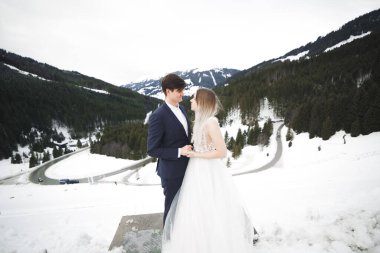 Romantik düğün anı, yeni evli çiftin gülümseyen portresi, gelin ve damadın kucaklaşması