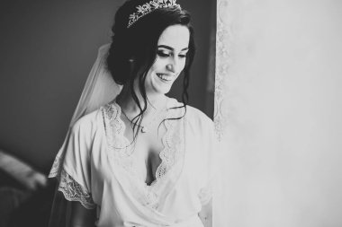 Tüylü, lüks makyaj, saç stili, stüdyo içi fotoğraf çekimi olan güzel bir gelin.