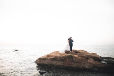 Düğün çifti, damat, gelin deniz kenarında ve mavi gökyüzünde poz veriyor.