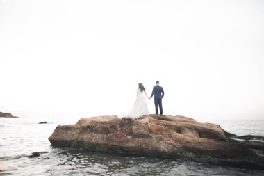 Güzel bir sahilde poz veren genç bir çiftin mutlu ve romantik sahnesi.