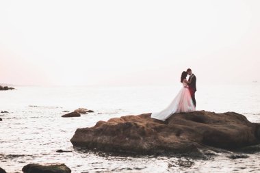 Şık, şık, mutlu bir düğün çifti, gelin, deniz ve gökyüzünün arka planında muhteşem bir damat.