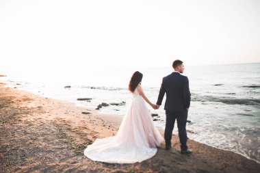 Güzel bir sahilde poz veren genç bir çiftin mutlu ve romantik sahnesi.